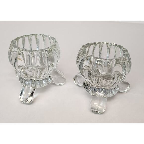 VTG 1950's Jeannette Clear Crystal Three Toe Candle Holder Set Taper & Votive - Picture 2 of 4